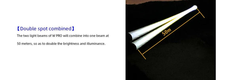 Two light beams from the Maxtoch Owleyes W Pro v2.0 LEP SpotLight unite at 50 meters, doubling brightness and illuminance.