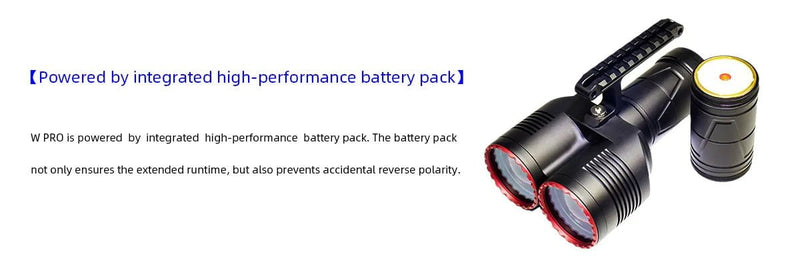 A high-performance Maxtoch Owleyes W Pro v2.0 (Diamond version) LEP SpotLight with three lenses and a handle, alongside a separate detachable battery pack.