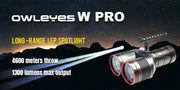 The Maxtoch Owleyes W Pro v2.0 (Diamond version) LEP SpotLight, with a throw distance of 4600 meters and a maximum output of 1300 lumens, is shown illuminating the mountainous nighttime setting.