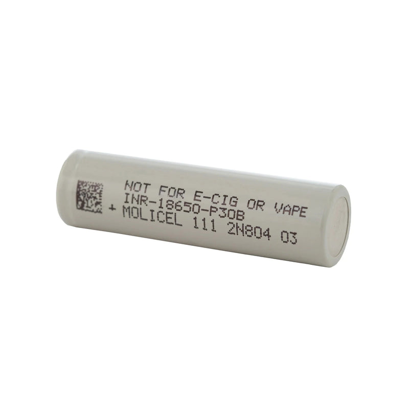 The Molicel P30B 18650 3000mAh 30A Battery is a cylindrical lithium-ion cell labeled "NOT FOR E-CIG OR VAPE INR-18650-P30B + MOLICEL 111 2NB04 03" with a continuous discharge rate of 30A.