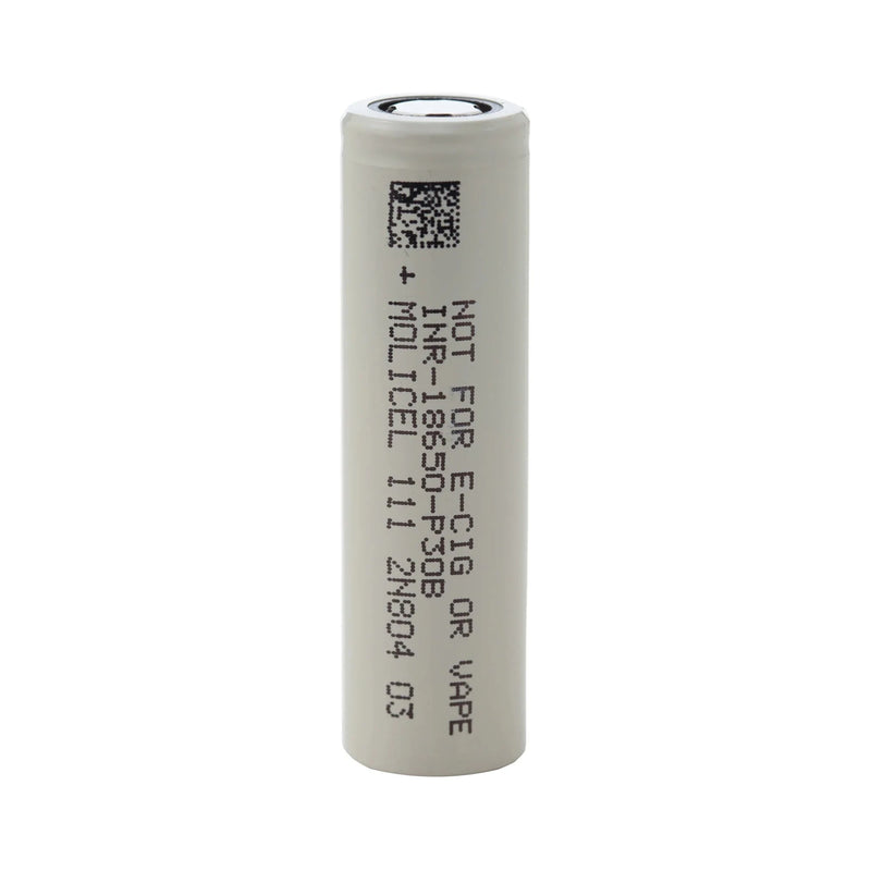 A white cylindrical Molicel P30B 18650 3000mAh 30A battery displays specs, a QR code, and the label "NOT FOR E-CIG OR VAPE" on its casing.
