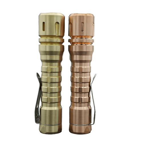 Two Reylight LANapple - Copper flashlights on a white background.