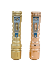 Two metal flashlights stand upright on a white background, including a ReyLight LANapple - Copper flashlight with a Nichia 519a LED, one in gold and one in copper, both featuring silver clips.