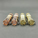 Four cylindrical ReyLight Pineapple Mini Copper flashlights with different finishes are aligned diagonally on a gray surface.