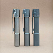 ReyLight Pineapple Mini MK3 Cross Hatch titanium flashlights in Raw, Beadblasted, and Stonewashed finishes