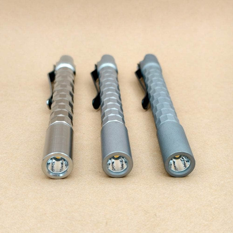 Close view of the LED emitters and reflectors in three Krystal titanium finishes