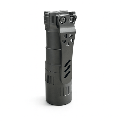 A compact, cylindrical gray ReyLight Rook - Ti flashlight with a metal clip stands upright on a white background. It features a Nichia 519a 4000K LED and runs on a rechargeable 18350 battery.