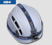 A light gray Skilhunt HB4 Headband with black and blue adjustable straps, ventilation slots, and a clip for a rotatable headlamp, labeled "SKY HUNT" and "Skilhunt HB4" in the top left corner.