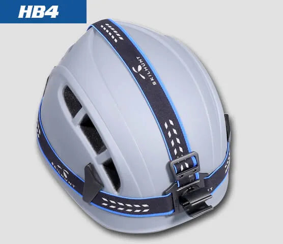 A light gray Skilhunt HB4 Headband with black and blue adjustable straps, ventilation slots, and a clip for a rotatable headlamp, labeled "SKY HUNT" and "Skilhunt HB4" in the top left corner.
