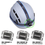 The Skilhunt HB4 Headband in light blue features a black headlamp clip and comes with three detachable black mounting brackets in sizes S, M, and L, compatible with various headlamps.