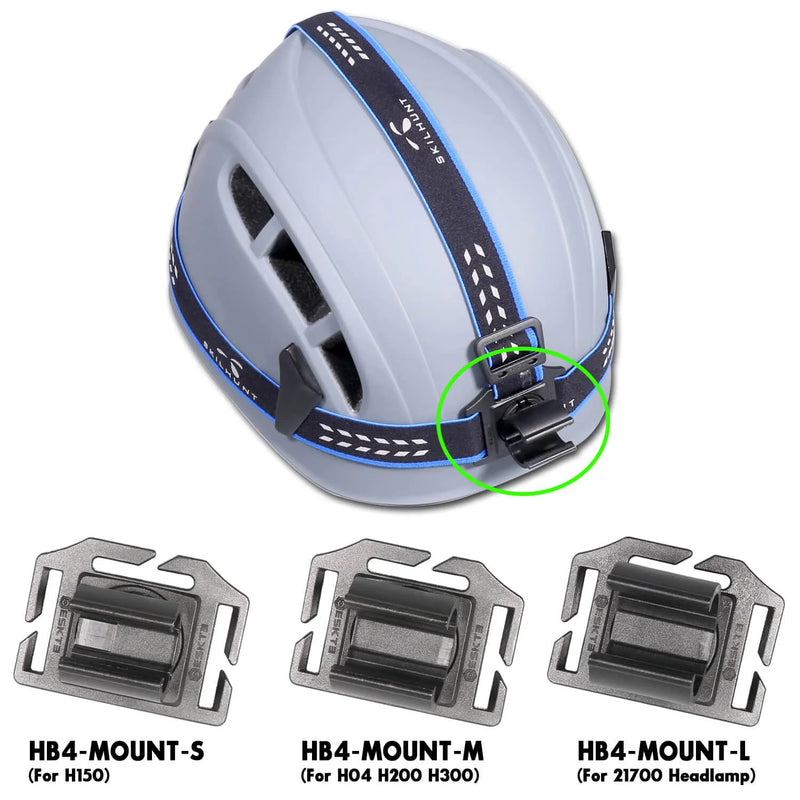 The Skilhunt HB4 Headband in light blue features a black headlamp clip and comes with three detachable black mounting brackets in sizes S, M, and L, compatible with various headlamps.