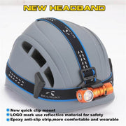 A gray safety helmet features a Skilhunt HB4 Headband with an orange flashlight, quick clip mount, reflective logo, and anti-slip strip.