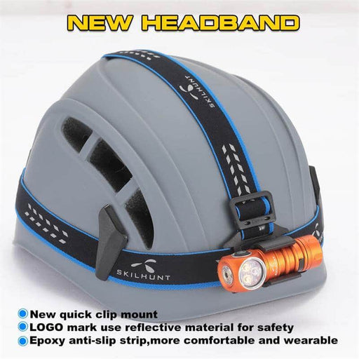 A gray safety helmet features a Skilhunt HB4 Headband with an orange flashlight, quick clip mount, reflective logo, and anti-slip strip.