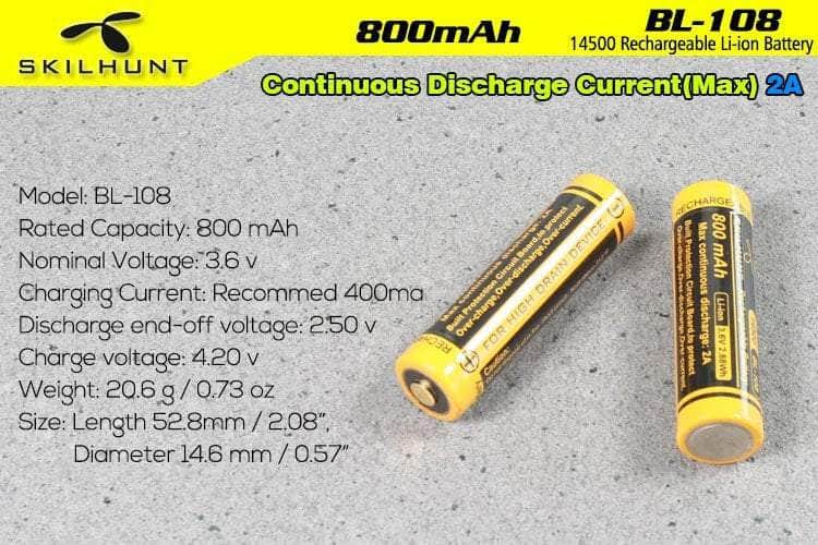 Sentence with the replaced product name: Product information and specifications for Skilhunt BL-108 800mAh 14500 protected battery.