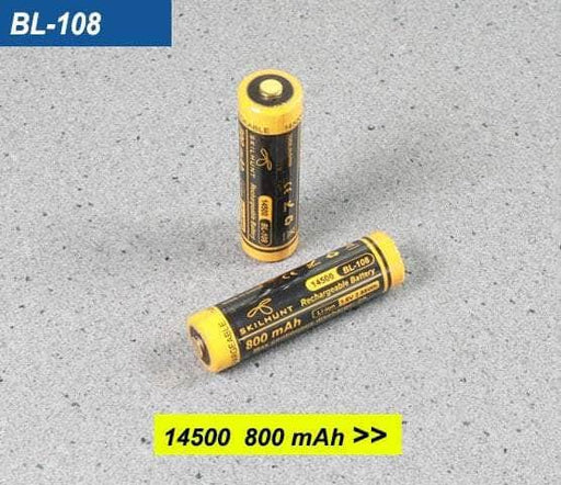 Two Skilhunt BL-108 800mAh 14500 Protected Batteries on a surface with their capacity labeled as 800mAh.