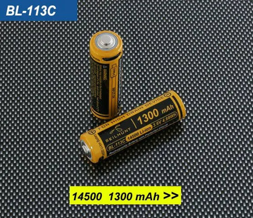 Two Skilhunt BL-113C 1300mAh 14500 batteries showing the positive terminal, USB-C port and side label.