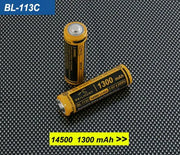 Two Skilhunt BL-113C 1300mAh 14500 batteries showing the positive terminal, USB-C port and side label.