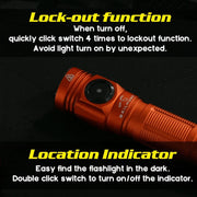 The Skilhunt M150 V4 EDC AA 14500 USB flashlight in red features a lock-out by clicking the switch 4 times, a location indicator that activates with a double click for easy finding in the dark, and convenient USB magnetic charging.