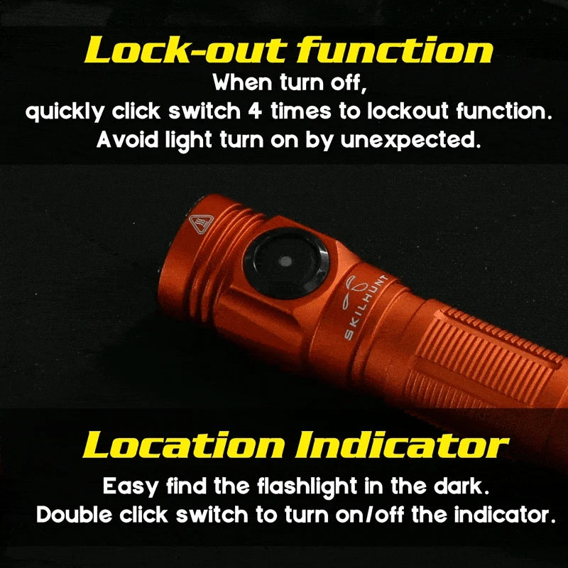 The Skilhunt M150 V4 EDC AA 14500 USB flashlight in red features a lock-out by clicking the switch 4 times, a location indicator that activates with a double click for easy finding in the dark, and convenient USB magnetic charging.