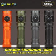 Four Skilhunt M150 V4 EDC AA 14500 USB flashlights in orange, green, black, and gray anodized aluminum finishes are shown against a dark background.