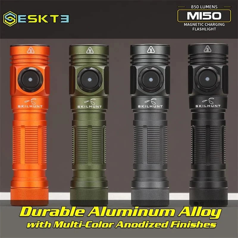 Four Skilhunt M150 V4 EDC AA 14500 USB flashlights in orange, green, black, and gray anodized aluminum finishes are shown against a dark background.