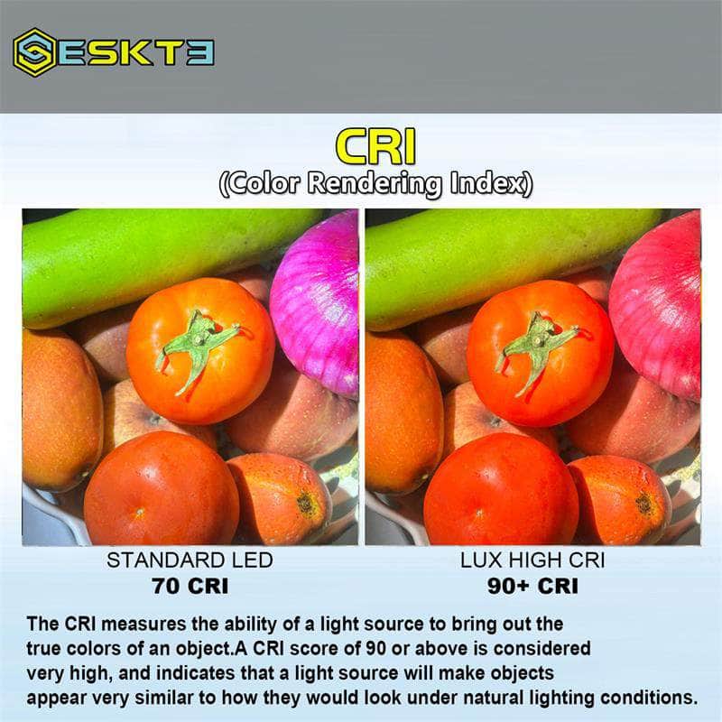 Comparison of fruits and vegetables under a standard LED (70 CRI) and the Skilhunt M150 V4 EDC AA 14500 USB (90+ CRI) shows more vibrant, natural colors with the high CRI Skilhunt flashlight.
