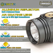 Close-up of the Skilhunt M150 V4 EDC AA 14500 USB flashlight, showing features like high CRI, aluminum reflector, AR coated lens, and various LED types with detailed brightness and color temperature specs.