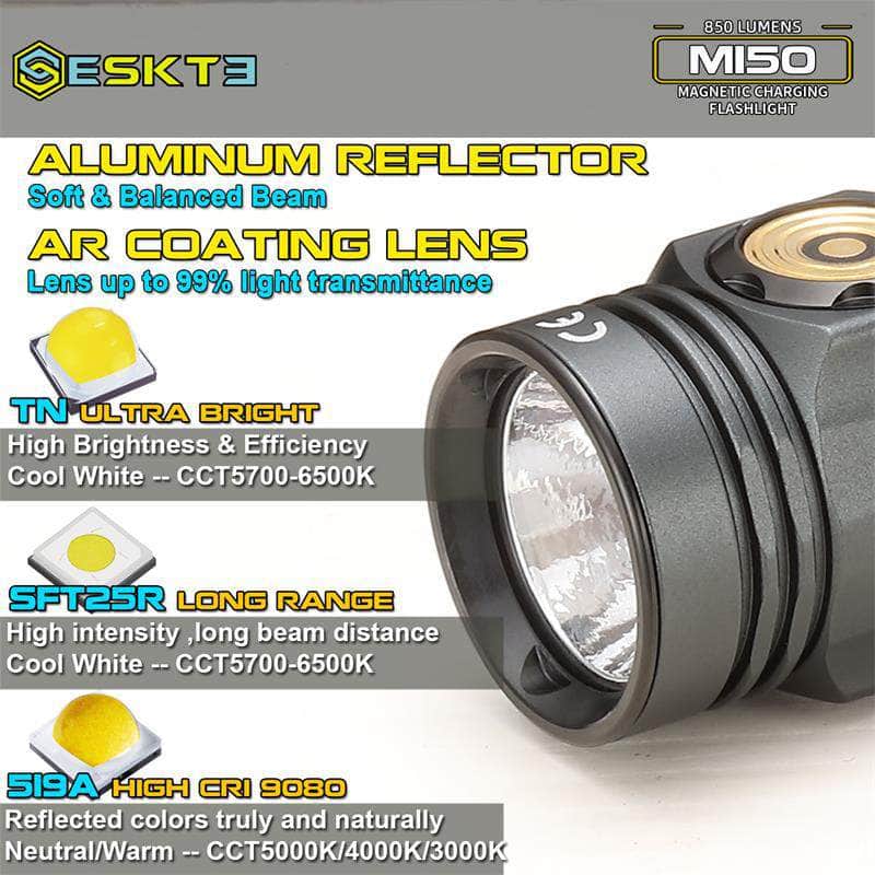Close-up of the Skilhunt M150 V4 EDC AA 14500 USB flashlight, showing features like high CRI, aluminum reflector, AR coated lens, and various LED types with detailed brightness and color temperature specs.
