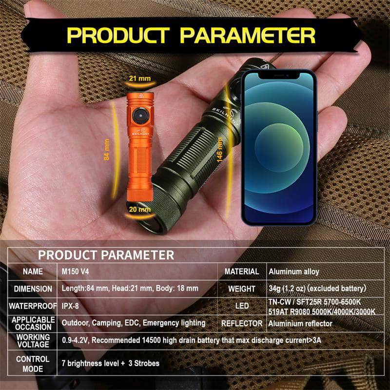 The Skilhunt M150 V4 EDC AA 14500 USB, a compact orange flashlight, is displayed next to a smartphone for scale; its specifications and parameters are detailed in the table below.