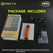 Package contents of the Skilhunt M150 V4 EDC AA 14500 USB: orange high CRI flashlight with USB magnetic charging, USB cable, clip, lanyard, O-ring, user manual, and retail box.