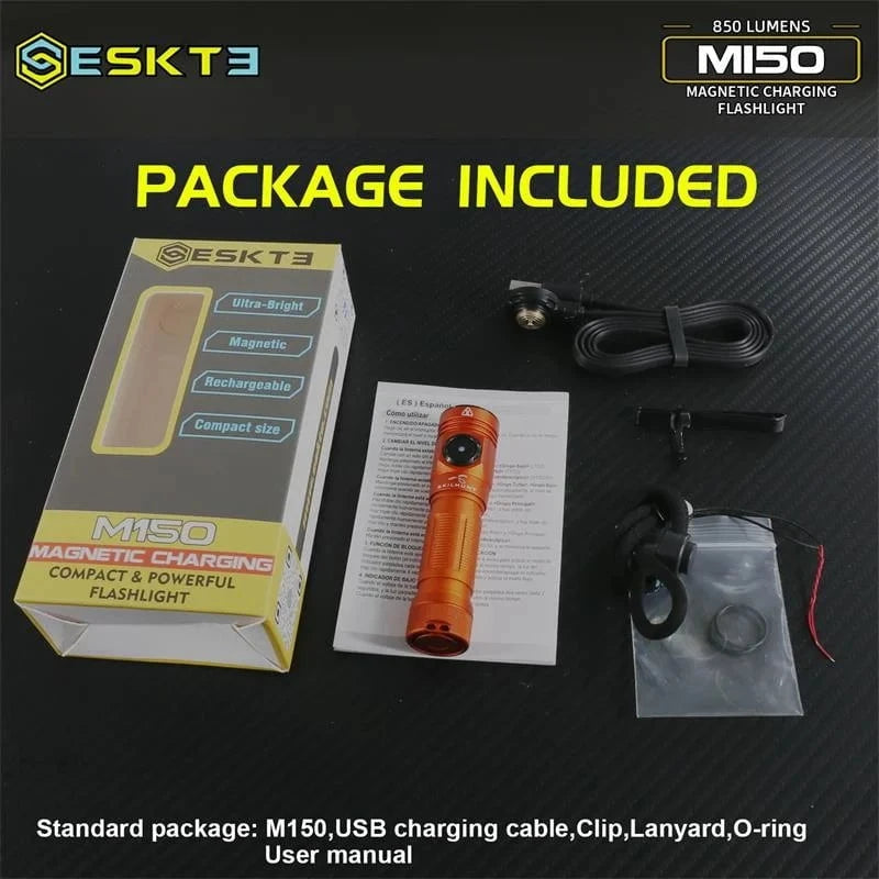 Package contents of the Skilhunt M150 V4 EDC AA 14500 USB: orange high CRI flashlight with USB magnetic charging, USB cable, clip, lanyard, O-ring, user manual, and retail box.