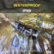The Skilhunt M150 V4 EDC AA 14500 USB, a black flashlight with USB magnetic charging, sits on rocks under flowing water. Waterproof with IPX8 rating, it’s highlighted by blue water drop icons in the image for emphasis.