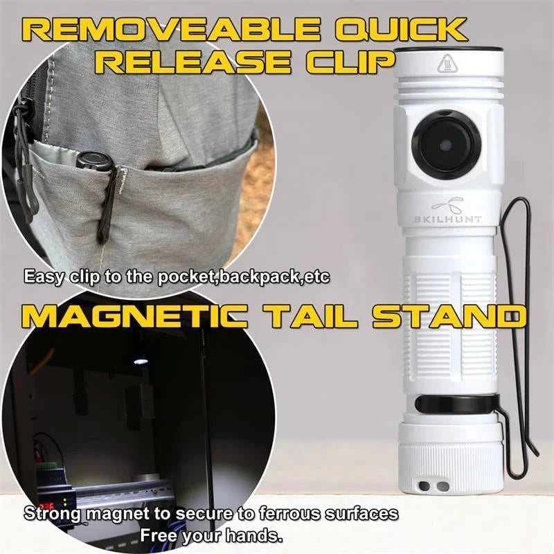 The Skilhunt M150 V4 EDC AA 14500 USB flashlight features a versatile quick-release clip for pocket carry, a magnetic tail stand for secure attachment to metal surfaces, and convenient USB magnetic charging.