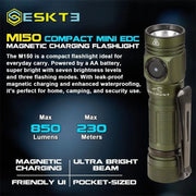 The Skilhunt M150 V4 EDC AA 14500 USB is a compact green flashlight with a side button, pocket clip, magnetic USB charging, 850 lumens output, 230m range, waterproof design, high CRI lighting, and multiple modes for everyday carry.