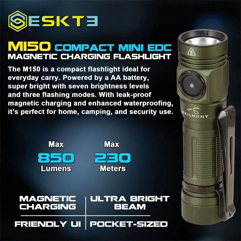 The Skilhunt M150 V4 EDC AA 14500 USB is a compact green flashlight with a side button, pocket clip, magnetic USB charging, 850 lumens output, 230m range, waterproof design, high CRI lighting, and multiple modes for everyday carry.