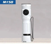 A white Skilhunt M150 V4 EDC AA 14500 USB flashlight stands upright on a plain surface with a black clip, featuring convenient USB magnetic charging.
