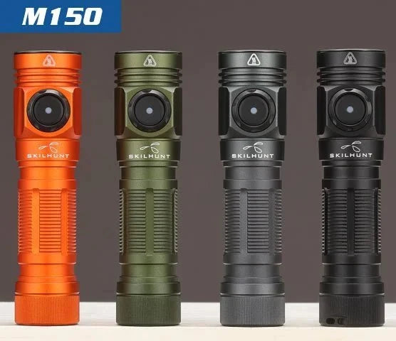 Four Skilhunt M150 V4 EDC AA 14500 USB flashlights in orange, green, black, and grey stand upright against a plain background. This compact flashlight features USB magnetic charging for everyday convenience and style.
