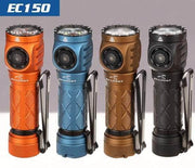 Four Skilhunt EC150 flashlights in orange, blue, bronze, and black stand upright in a row, each with a side button, clip, and USB-C charging.