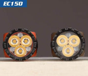 Two Skilhunt EC150 round LED light modules, each with four yellow LEDs and a black-orange casing, are shown side by side—perfect as EDC flashlights offering up to 1350 lumens of brightness.
