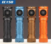 Four Skilhunt EC150 EDC flashlights—in black, blue, bronze, and orange—stand upright in a row against a neutral background, each delivering up to 1350 lumens with USB-C charging.
