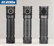 A flashlight labeled "Skilhunt EC200S" is shown from three angles: front, side, and back, showcasing its black textured grip and compact design. With 2100 lumens of brightness and USB-C rechargeable capability, the Skilhunt EC200S flashlight is both powerful and convenient.