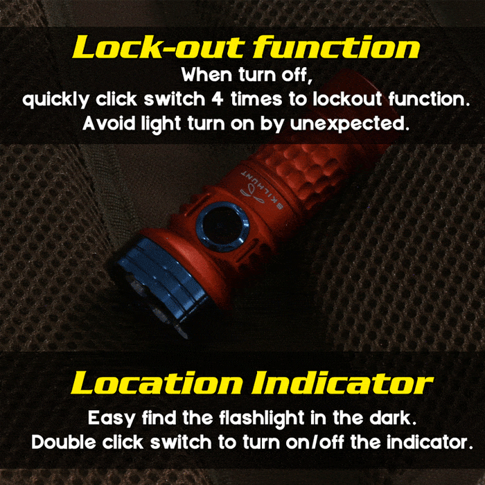 A red LED Skilhunt MiX-7 flashlight with lock out function and location indicator.