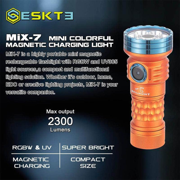 Skilhunt MiX-7 multi-color LED flashlight with magnetic charging.