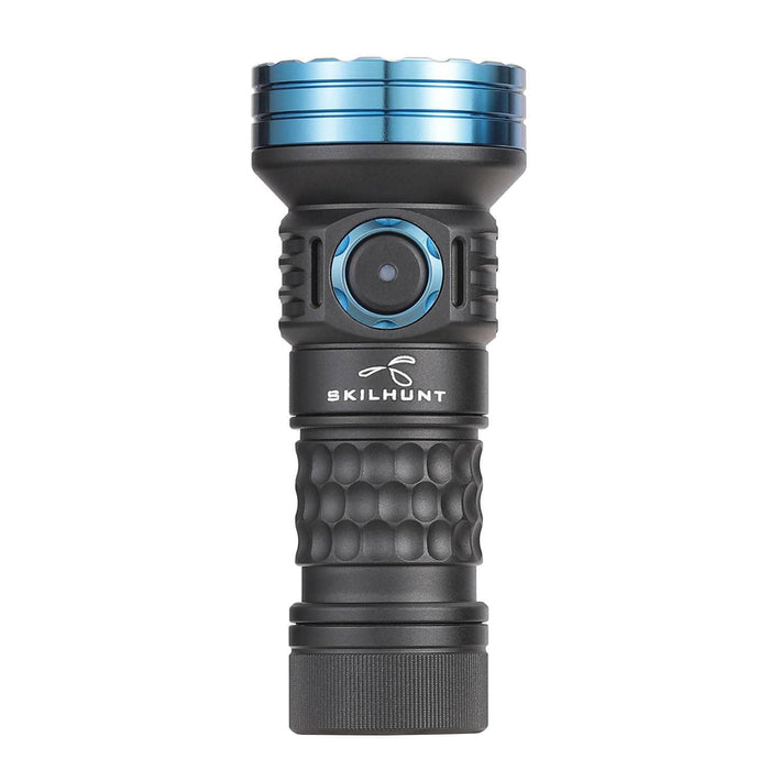A black and blue Skilhunt MiX-7 flashlight on a white background featuring magnetic charging capability.