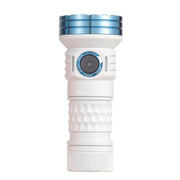 A white and blue Skilhunt MiX-7 flashlight on a white background.