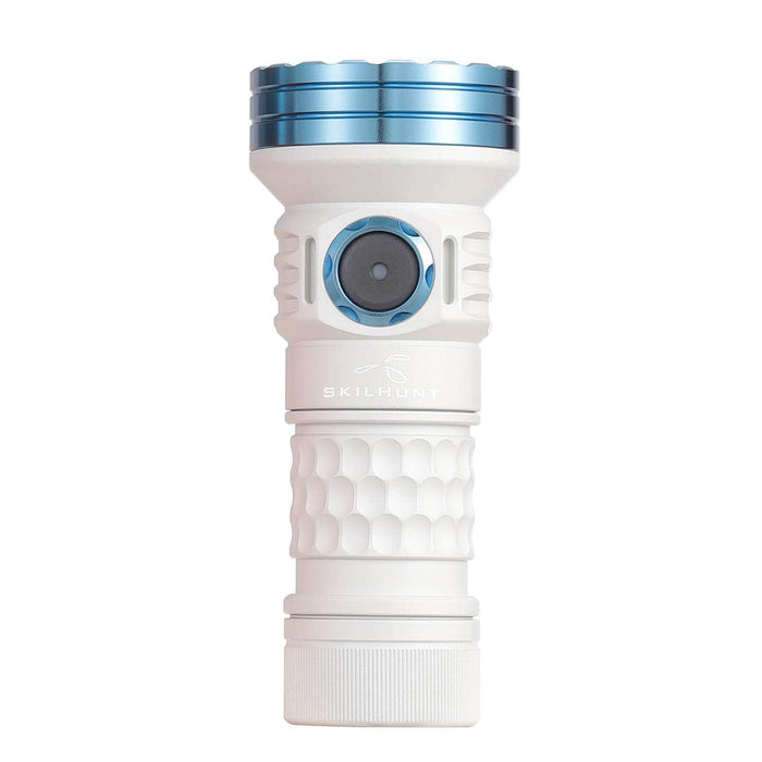 A white and blue Skilhunt MiX-7 flashlight on a white background.