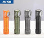 Four different types of Skilhunt H150 flashlights in different colors.