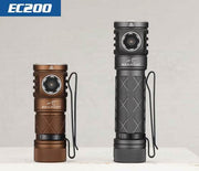 Two Skilhunt EC200 flashlights, in brown and black color variants, stand side by side on a plain surface. Emitting up to 2250 lumens, these EDC flashlights also feature USB-C rechargeable capabilities. The brand logo is visible on both units.