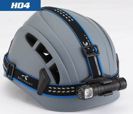 Skilhunt H04 Nichia headlamp mounted on a helmet with headband