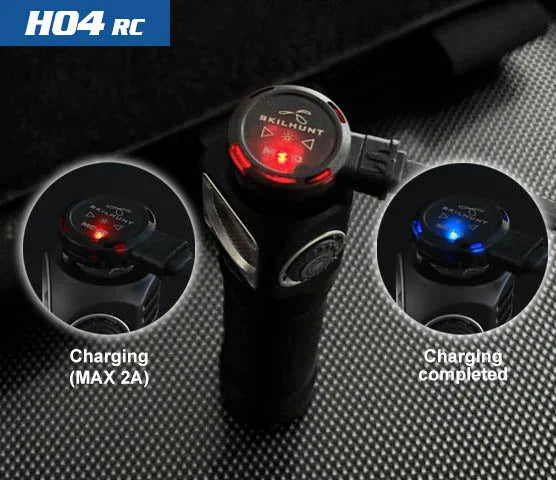 The Skilhunt H04 RC / H04R RC USB rechargeable headlamp has a charging port that shows red while charging and blue when fully charged.